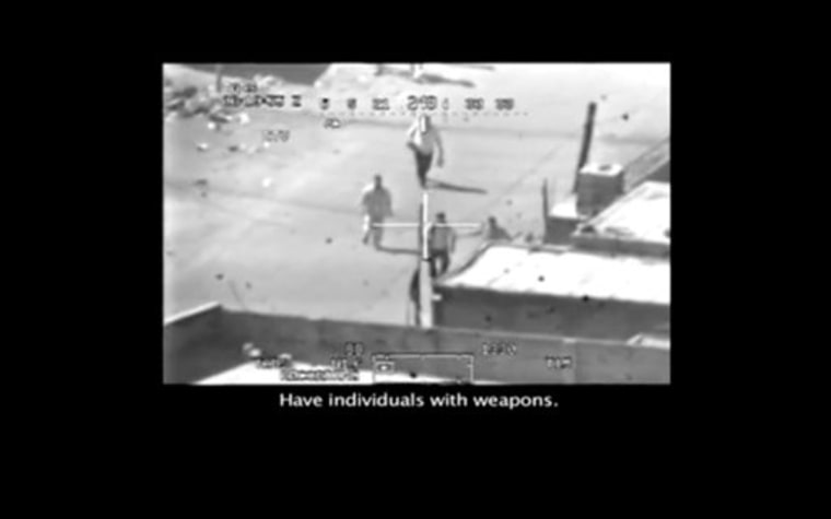 This frame grab image taken from a video shot from a U.S. army Apache helicopter gun-sight, posted at Wikileaks.org and confirmed as authentic by a senior U.S. military official, shows a group of men in the streets of the New Baghdad district of eastern Baghdad just prior to being fired upon by the helicopter July 12, 2007. In a series of online chats Bradley Manning told of leaking classified diplomatic reports, along with this secret video, to the whistleblower website Wikileaks.org. (AP Photo/Wikileaks.org)